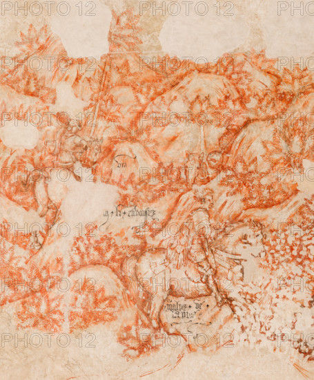 Palazzo Ducale, Pisanello room, north-east wall: “Tournament-Battle of Louvezerp”, 1430-1433, by Antonio di Puccio, known as Pisanello. detached wall painting, mixed media. The subject is taken from “Le roman en prose de Tristan”, a masterpiece of chivalric literature.
Detail with horses, knights and trees.
Palazzo Ducale, Mantova (MN) - Mantua, Lombardia - Lombardy, Italia - Italy