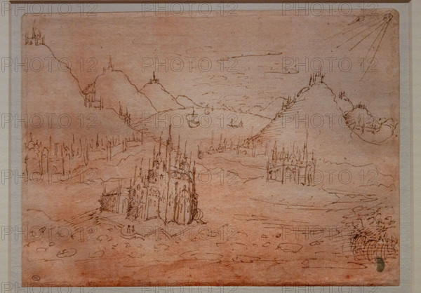 “Gothic churches and cities on a mountainous landscape”, by Antonio di Puccio, known as Pisanello, pen and brown ink on a prepared red paper, 1430 - 50. 
Two mountains chains, separated by a stretch of water, form this imaginary landscape, dottedwith churches and other gothic buildings.
Musée du Louvre, Parigi - Paris, Francia - France