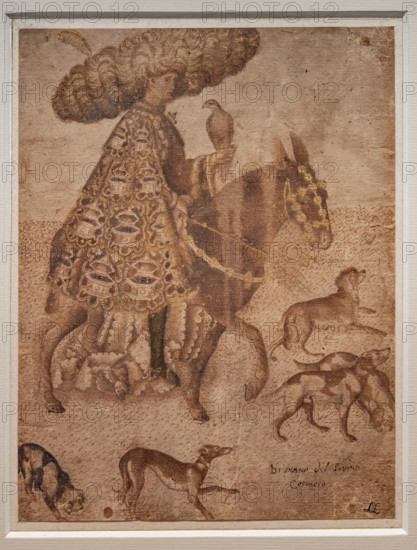 “Knight of Este as a falconer”, by Antonio di Puccio, known as Pisanello, pen and brown, red and blue watercolours on a black pencil outline, 1440.
The drawing presents an extravagantly dressed knight. The very wide brimmed headdress in thick fur is very peculiar.
Fondation Custodia, Collection F, Parigi - Paris, Francia - France