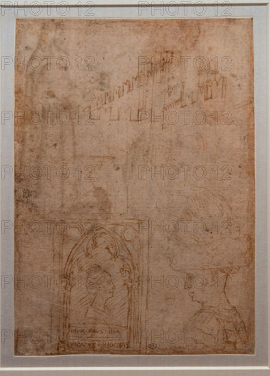 “Various studies: foreshortened architecture, portraits of Gianfrancesco Gonzaga e Niccolò III d’Este, Faustina”, by Antonio di Puccio, known as Pisanello, pen and brown ink with traces of pencil on paper, 1435.
Musée du Louvre, Parigi - Paris, Francia - France