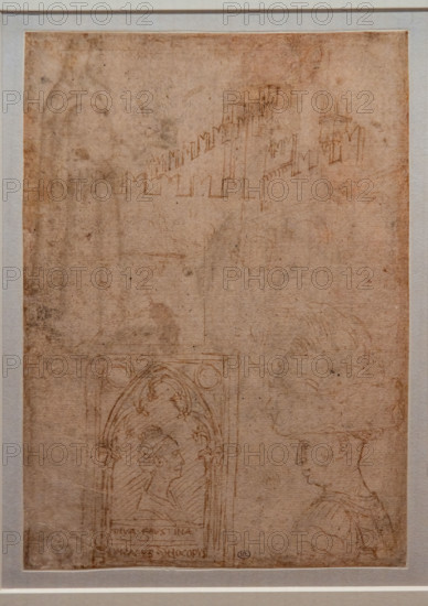 “Various studies: foreshortened architecture, portraits of Gianfrancesco Gonzaga e Niccolò III d’Este, Faustina”, by Antonio di Puccio, known as Pisanello, pen and brown ink with traces of pencil on paper, 1435.
Musée du Louvre, Parigi - Paris, Francia - France