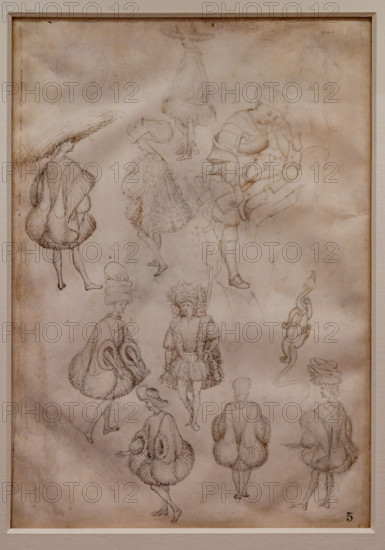 “Studies of figures in contemporary clothes, a knight sitting on a rock, a dragon”, by workshop of Antonio di Puccio, known as Pisanello, metal point and brown ink pen on parchment, 1433. 
The figures in lavish clothes are believed to be Hungarians from the Court of Emperor or members of the Court of Este. The same type of Hat worn by the figure in the upper left can be seen on the head of a knight in the sinopia of the Mantua Tournament.
Biblioteca Ambrosiana, Milano (MI) - Milan, Lombardia - Lombardy, Italia - Italy