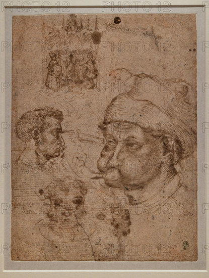 “Studies for four male heads, an altarpiece, a horse”, by Antonio di Puccio, known as Pisanello, pen and brown ink, traces of red pencil on paper, before 1433.
Musée du Louvre, Parigi - Paris, Francia - France