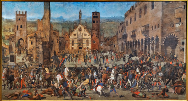 “The Expulsion of the Bonacolsi”, by Domenico Moroni, egg tempera on canvas, 1494.

The painting was commissioned to Domenico Morone by the fourth Marquis of Mantua, Francesco II Gonzaga. It illustrates the victorious battle that Luigi I Gonzaga fought in Mantua on August 16, 1328, against Rinaldo Bonacolsi for possession of the city.
The work depicts both the raging battle in the main square (now Piazza Sordello), as recounted by ancient chroniclers, and the city's architecture as it appeared at the time Morone painted it, with its towers, palaces, and square. In the background. in the center, Mantua Cathedral appears, with its late-Gothic façade by the Venetian architect Jacobello dalle Masegne, adorned with sculptures by his brother Pierpaolo and Giacomino da Pavia.
Palazzo Ducale, Mantova (MN) - Mantua, Lombardia - Lombardy, Italia - Italy