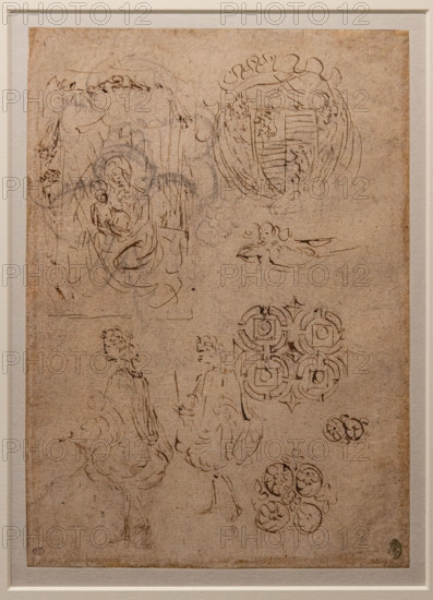 “Various studies: Madonna of the Humility, Ganzaga emblem, two men and decorative motifs ”, by Antonio di Puccio, known as Pisanello, brown ink, black pencil and pen on paper, before 1433.
Musée du Louvre, Parigi - Paris, Francia - France