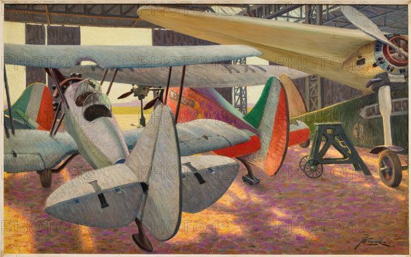 “ Hangar con aerei” di Giovanni Battista Crema (FE 1883 - 1964).
Olio su tavola, cm. 70 x 111.
Collezione Assicoop Unipol, inv. n° 802.
Collezione Assicoop - Unipol, Modena (MO), Emilia Romagna, Italia - Italy