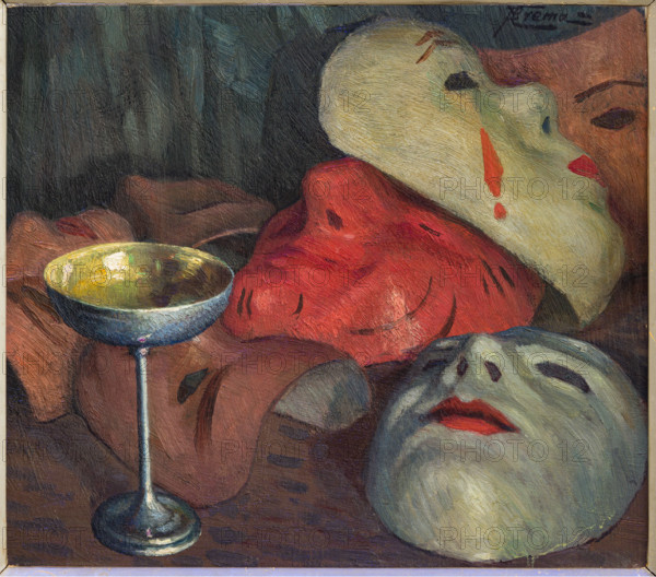 “Natura morta con maschere e calice, di Giovanni Battista Crema (FE 1883 - 1964).
Olio su compensato, cm. 32 x 36,5.
Collezione Assicoop, inv. n° 812.
Collezione Assicoop - Unipol, Modena (MO), Emilia Romagna, Italia - Italy