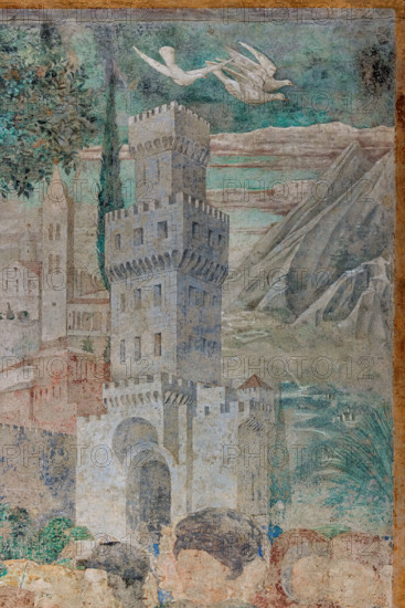 Pisa, Camposanto monumentale:
“Costruzione della Torre di Babele”, affreschi di Benozzo Gozzoli, 1469/70.
Particolare con torre, albero e colombe.

[ENG]
Pisa, Monumental Cemetery: 
 “Construction of the Tower of Babel”, frescoes by Benozzo Gozzoli, 1469/70. 
Detail with tower, tree and doves.
Camposanto Monumentale, Pisa (PI), Toscana - Tuscany, Italia - Italy