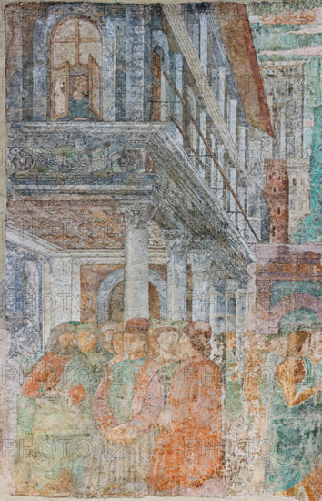 Pisa, Camposanto monumentale:
“Giuseppe alla corte del faraone”, affreschi di Benozzo Gozzoli, 1477.
Particolare con donna alla finestra e gruppo di uomini.

[ENG]
Pisa, Monumental Cemetery: 
 "Joseph at the Court of  Pharaoh”, frescoes by Benozzo Gozzoli, 1477.
Detail with woman at a window and a group of men.
Camposanto Monumentale, Pisa (PI), Toscana - Tuscany, Italia - Italy