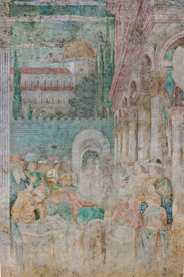 Pisa, Monumental Cemetery: 
 "Joseph at the Court of Pharaoh”, frescoes by Benozzo Gozzoli, 1477.
Detail with people and buildings.
Camposanto Monumentale, Pisa (PI), Toscana - Tuscany, Italia - Italy