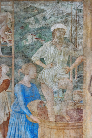 Pisa, Camposanto monumentale:
“Vendemmia ed Ebbrezza di Noè” , 
affreschi di Benozzo Gozzoli, 1468/9.
Particolare della pigiatura dell’uva in un tino.

[ENG]
Pisa, Monumental Cemetery: 
 “Grape Harvest and Drunkenness of Noah”, frescoes by Benozzo Gozzoli, 1468/9. 
Detail of the grape pressing in a vat.
Camposanto Monumentale, Pisa (PI), Toscana - Tuscany, Italia - Italy
