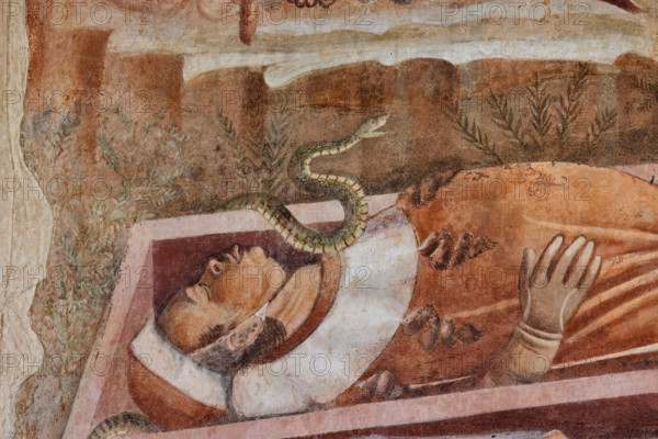 Pisa, Camposanto monumentale: ”Trionfo della Morte”, particolare degli affreschi di Buonamico Buffalmacco, 1336/1341. Dettaglio dell’incontro tra i vivi e i morti con morto nelle bara e serpente.

[ENG]
Pisa, Monumental Cemetery: "Triumph of Death," detail of the frescoes by Buonamico Buffalmacco, 1336/1341.
Detail of the meeting between the living and the dead with dead man in a coffin and a snake.
Camposanto Monumentale, Pisa (PI), Toscana - Tuscany, Italia - Italy