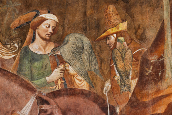 Pisa, Camposanto monumentale: ”Trionfo della Morte”, particolare degli affreschi di Buonamico Buffalmacco, 1336/1341. Dettaglio con nobili cavalieri e falconieri. 
[ENG]
Pisa, Monumental Cemetery: "Triumph of Death," detail of the frescoes by Buonamico Buffalmacco, 1336/1341. Detail with noble knights and falconers.
Camposanto Monumentale, Pisa (PI), Toscana - Tuscany, Italia - Italy