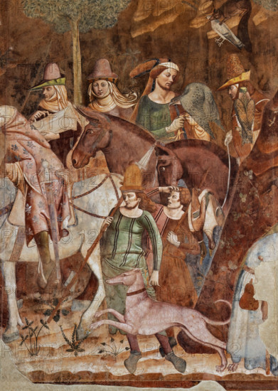 Pisa, Camposanto monumentale: ”Trionfo della Morte”, particolare degli affreschi di Buonamico Buffalmacco, 1336/1341. Dettaglio con nobili cavalieri e falconieri, cavalli e levriero, falcone.

[ENG]
Pisa, Monumental Cemetery: "Triumph of Death," detail of the frescoes by Buonamico Buffalmacco, 1336/1341. Detail with noble knights and falconers, horses and a greyhound, and a falcon.
Camposanto Monumentale, Pisa (PI), Toscana - Tuscany, Italia - Italy