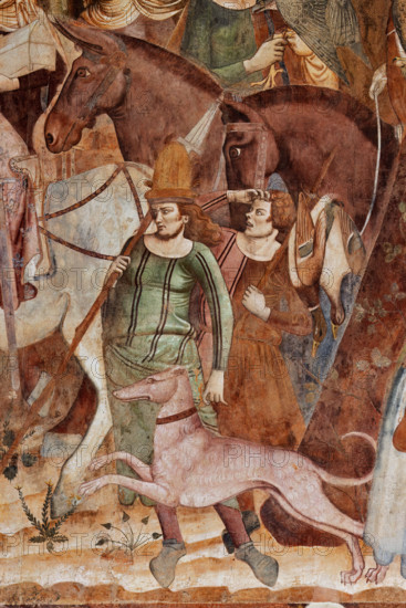 Pisa, Camposanto monumentale: ”Trionfo della Morte”, particolare degli affreschi di Buonamico Buffalmacco, 1336/1341. Dettaglio con nobili cavalieri e falconieri, cavalli e levriero, falcone.

[ENG]
Pisa, Monumental Cemetery: "Triumph of Death," detail of the frescoes by Buonamico Buffalmacco, 1336/1341. Detail with noble knights and falconers, horses and a greyhound, and a falcon.
Camposanto Monumentale, Pisa (PI), Toscana - Tuscany, Italia - Italy