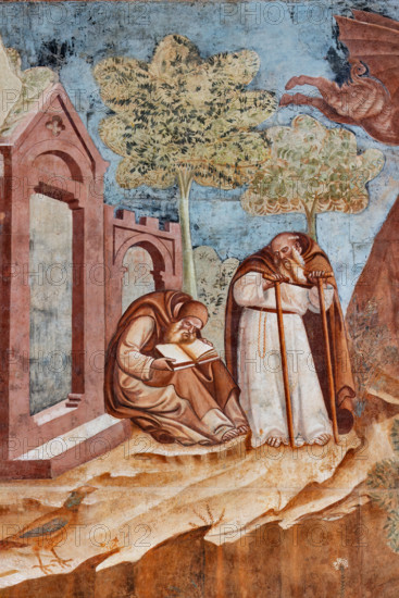 Pisa, Camposanto monumentale: ”Trionfo della Morte”, particolare degli affreschi di Buonamico Buffalmacco, 1336/1341. Dettaglio con  descrizione della vita eremitica.

[ENG]
Pisa, Monumental Cemetery: "Triumph of Death," detail of the frescoes by Buonamico Buffalmacco, 1336/1341. Detail with description of the hermit life.
Camposanto Monumentale, Pisa (PI), Toscana - Tuscany, Italia - Italy