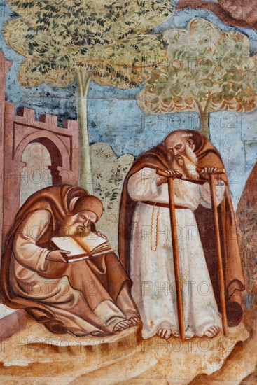 Pisa, Camposanto monumentale: ”Trionfo della Morte”, particolare degli affreschi di Buonamico Buffalmacco, 1336/1341. Dettaglio con  descrizione della vita eremitica.

[ENG]
Pisa, Monumental Cemetery: "Triumph of Death," detail of the frescoes by Buonamico Buffalmacco, 1336/1341. Detail with description of the hermit life.
Camposanto Monumentale, Pisa (PI), Toscana - Tuscany, Italia - Italy