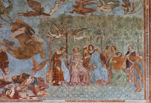 Pisa, Camposanto monumentale: ”Trionfo della Morte”, particolare degli affreschi di Buonamico Buffalmacco, 1336/1341. A sinistra, dettaglio con anime di morti di peste afferrate da diavoli. A destra, particolare di scena cortese: “I dieci giovani nel verziere”. Sulla brigata di giovani spensierati volteggiano due Geni che rovesciano le fiaccole accese, sinistro presagio di morte, mentre la Morte incombe a sinistra con la falce. 

[ENG]
Pisa, Monumental Cemetery: "Triumph of Death," detail of the frescoes by Buonamico Buffalmacco, 1336/1341. On the left, a detail of the souls of plague victims being seized by devils. On the right, a detail of a courtly scene: "The Ten Youths in the Garden." Two Genies hover above the company of carefree youths, toppling lit torches, a sinister omen of death, while Death looms on the left with his scythe.
Camposanto Monumentale, Pisa (PI), Toscana - Tuscany, Italia - Italy