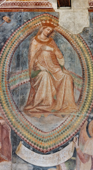 Pisa, Camposanto monumentale:
“Giudizio Universale”.  Affreschi di Buonamico Buffalmacco, 1336/1341.
Particolare con la Vergine assisa nell'arcobaleno di una "mandorla”. La Madonna atteggiamento misericordioso, mentre porta una mano al seno. 
 
[ENG]
Pisa, Monumental Cemetery: "The Last Judgement”. Frescoes by Buonamico Buffalmacco, 1336/1341.
Detail with The Virgin seated in the rainbow of a “”vesicla pisces”. She has a merciful attitude, while bringing a hand to her breast.
Camposanto Monumentale, Pisa (PI), Toscana - Tuscany, Italia - Italy