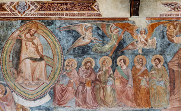 Pisa, Camposanto monumentale:
“Giudizio Universale”.  Affreschi di Buonamico Buffalmacco, 1336/1341.
Particolare con Cristo assisp nell'arcobaleno di una "mandorla” e schiera di apostoli. Severo l’atteggiamento di Cristo, con il braccio alzato in segno di condanna.
 

[ENG]
Pisa, Monumental Cemetery: "The Last Judgement”. Frescoes by Buonamico Buffalmacco, 1336/1341.
Detail with Christ seated in the rainbow of a “”vesicla pisces” and a host of apostles. Christ's attitude is severe, with his arm raised in condemnation.
Camposanto Monumentale, Pisa (PI), Toscana - Tuscany, Italia - Italy