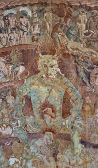 Pisa, Monumental Cemetery: “Hell”; detail with “Lucifer,” a gigantic figure twice the size of Christ the Judge. Lucifer represents pride, the root of all vice. The damned soul devoured by Lucifer is Judas Iscariot, mangled in the monster’s central mouth. Lucifer also devours Brutus and Cassius in the lateral mouths. Judas is considered the supreme traitor for betraying Christ, while Brutus and Cassius betrayed Julius Caesar, considered a benefactor and symbol of the Empire.
 Frescoes by Buonamico Buffalmacco, 1336/1341.
Camposanto Monumentale, Pisa (PI), Toscana - Tuscany, Italia - Italy