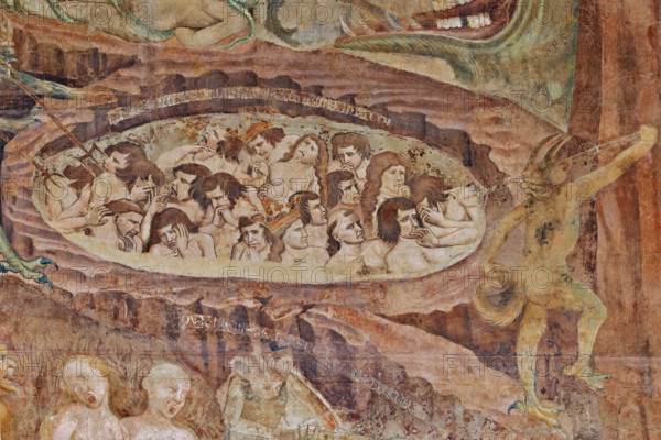 Pisa, Camposanto monumentale:
“Inferno”.  Affreschi di Buonamico Buffalmacco, 1336/1341.
Particolare con il girone degli invidiosi bolliti nel calderone; i diavoli infilzano e ributtano giù chi sale in superficie a cercare una boccata d’aria.

[ENG]
Pisa, Monumental Cemetery: “Hell”. Frescoes by Buonamico Buffalmacco, 1336/1341.
Detail with the circle of envious people boiled in the cauldron; the devils skewer and throw back those who come to the surface seeking a breath of fresh air.
Camposanto Monumentale, Pisa (PI), Toscana - Tuscany, Italia - Italy