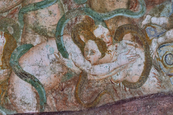 Pisa, Monumental Cemetery: “Hell”. Frescoes by Buonamico Buffalmacco, 1336/1341.
Detail with the circle of the wrathful, who vent their excesses by biting themselves and others; venomous and bloody bites are returned by a large number of snakes.
Camposanto Monumentale, Pisa (PI), Toscana - Tuscany, Italia - Italy