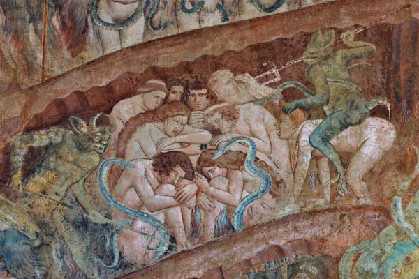 Pisa, Monumental Cemetery: “Hell”. Frescoes by Buonamico Buffalmacco, 1336/1341.
Detail with the circle of the slothful, inert under the devil's urges; on the right is a lazy man forced to ride a demon who pricks his ass with his tail.
Camposanto Monumentale, Pisa (PI), Toscana - Tuscany, Italia - Italy