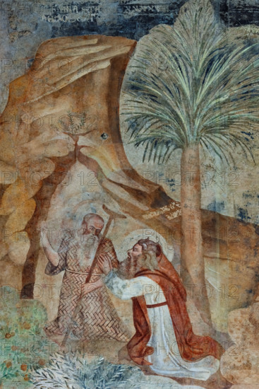 Pisa, Camposanto Monumentale: “Tebaide”,
storie degli Eremiti e dei Santi Padri ispirate alla “Vitae Patrum” del canonico domenicano Cavalca. Particolare con S.Paolo (primo eremita) che incontra Sant'Antonio. Affreschi di Buonamico Buffalmacco, 1336/1341.

[ENG]
Pisa, Monumental Cemetery: “Thebaid”, Stories of the Hermits and the Holy Fathers inspired by the Vitae Patrum by the Dominican Domenico Canon Cavalca. Detail with St. Paul (the first hermit) meeting St. Anthony.
Frescoes by Buonamico Buffalmacco, 1336/1341.
Camposanto Monumentale, Pisa (PI), Toscana - Tuscany, Italia - Italy