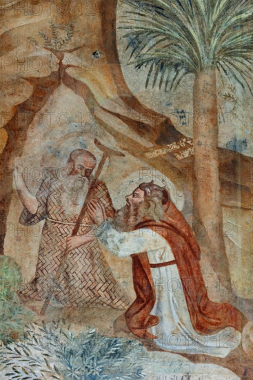 Pisa, Camposanto Monumentale: “Tebaide”,
storie degli Eremiti e dei Santi Padri ispirate alla “Vitae Patrum” del canonico domenicano Cavalca. Particolare con S.Paolo (primo eremita) che incontra Sant'Antonio. Affreschi di Buonamico Buffalmacco, 1336/1341.

[ENG]
Pisa, Monumental Cemetery: “Thebaid”, Stories of the Hermits and the Holy Fathers inspired by the Vitae Patrum by the Dominican Domenico Canon Cavalca. Detail with St. Paul (the first hermit) meeting St. Anthony.
Frescoes by Buonamico Buffalmacco, 1336/1341.
Camposanto Monumentale, Pisa (PI), Toscana - Tuscany, Italia - Italy