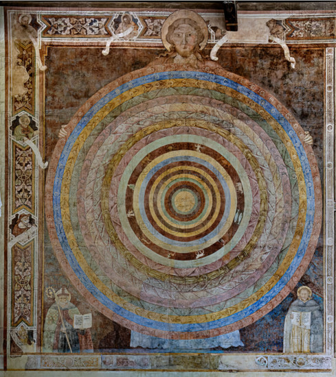 Pisa, Camposanto monumentale:
“Cosmografia teologica” (i grandi cerchi concentrici alludono alla Terra e alle sfere celesti, gli elementi, i pianeti; in basso agli angoli, S. Agostino e S. Tommaso d’Aquino),  affreschi di Piero di Puccio, 1389/1391.


[ENG]
Pisa, Monumental Cemetery: 
“Theological Cosmography” (the large concentric circles allude to the Earth and the celestial spheres, the elements, the planets; at the bottom in the corners, St. Augustine and St. Thomas Aquinas), frescoes by Piero di Puccio, 1389/1391.
Camposanto Monumentale, Pisa (PI), Toscana - Tuscany, Italia - Italy