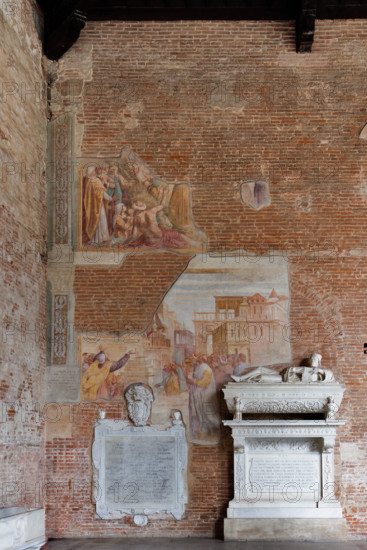 Pisa, Monumental Cemetery: 
Bottom: "Elijah's Warning and the Death of King Uzziah”.
Top: "The Sacred Fire Kills the Prophets of Baal”, frescoes by Zaccaria Rondinosi, 1664.
At the base on the right, the tomb monument of the jurist Filippo Decio, a work by Stagio Stagi, 1535.
Camposanto Monumentale, Pisa (PI), Toscana - Tuscany, Italia - Italy