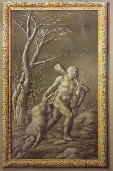 Palermo, Palazzo Reale o Palazzo dei Normanni, Appartamento Reale, Sala d'Ercole (Parlamento
dell'Assemblea Regionale Siciliana): una delle monocrome con le fatiche  di Ercole, pittura murale a secco di Giuseppe Velasco, 1812.

[ENG]
Palermo, The Royal Palace or Palazzo dei Normanni (Palace of the Normans), the Royal Apartment, The Hercules Hall (Parliament of the Sicily Regional Assembly): one of the monochromes with the labours of Hercules, dry wall painting by Giuseppe Velasco, 1812.
Palazzo Reale (Palazzo dei Norma, Palermo (PA), Sicilia - Sicily, Italia - Italy