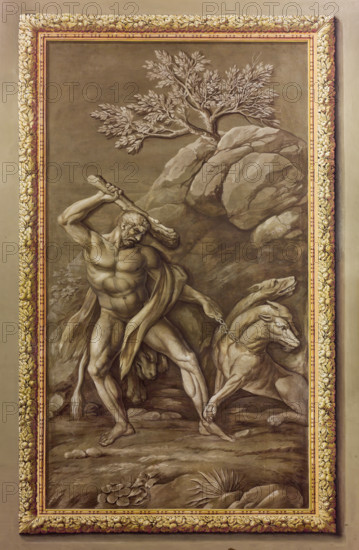 Palermo, Palazzo Reale o Palazzo dei Normanni, Appartamento Reale, Sala d'Ercole (Parlamento
dell'Assemblea Regionale Siciliana): una delle monocrome con le fatiche  di Ercole, pittura murale a secco di Giuseppe Velasco, 1812.

[ENG]
Palermo, The Royal Palace or Palazzo dei Normanni (Palace of the Normans), the Royal Apartment, The Hercules Hall (Parliament of the Sicily Regional Assembly): one of the monochromes with the labours of Hercules, dry wall painting by Giuseppe Velasco, 1812.
Palazzo Reale (Palazzo dei Norma, Palermo (PA), Sicilia - Sicily, Italia - Italy