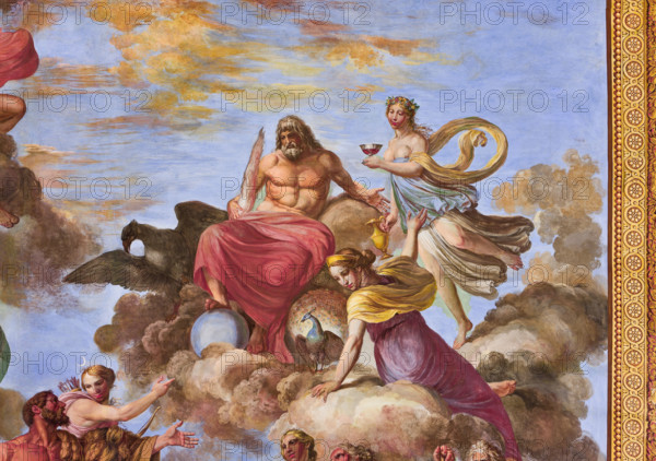 Palermo, Palazzo Reale o Palazzo dei Normanni, Appartamento Reale, Sala d'Ercole (Parlamento
dell'Assemblea Regionale Siciliana), la volta: "Apoteosi di Ercole", pittura murale di Giuseppe Velasco, 1812. Particolare con Artemide e Giove con l'aquila.

[ENG]
Palermo, The Royal Palace or Palazzo dei Normanni (Palace of the Normans), the Royal Apartment, The Hercules Hall (Parliament of the Sicily Regional Assembly), the vault: "Apotheosis of Hercules", wall painting by Giuseppe Velasco, 1812. Detail representing Artemis and Jupiter with the eagle.
Palazzo Reale (Palazzo dei Norma, Palermo (PA), Sicilia - Sicily, Italia - Italy