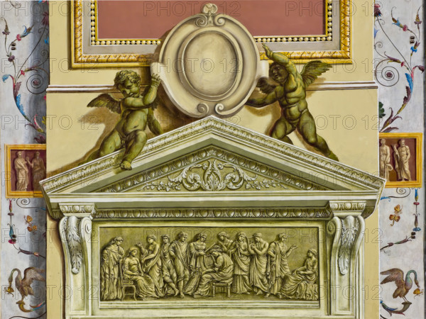 Palermo, Palazzo Reale o Palazzo dei Normanni, Appartamento Reale, Sala d'Ercole (Parlamento
dell'Assemblea Regionale Siciliana):  particolare di fregio decorativo (pittura murale a secco).

[ENG]
Palermo, The Royal Palace or Palazzo dei Normanni (Palace of the Normans), the Royal Apartment, The Hercules Hall (Parliament of the Sicily Regional Assembly): detail of decorative frieze (dry wall painting).
Palazzo Reale (Palazzo dei Norma, Palermo (PA), Sicilia - Sicily, Italia - Italy