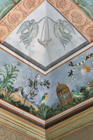 Palermo, Palazzo Reale o Palazzo dei Normanni, Appartamento Reale, Sala   degli Uccell, volta affrescata: dettaglio con pappagalli, gabbia e fiori.

[ENG]
Palermo, The Royal Palace or Palazzo dei Normanni (Palace of the Normans), The Royal Apartment, the Birds Room, the frescoed vault: detail with parrots, a cage and flowers.
Palazzo Reale (Palazzo dei Norma, Palermo (PA), Sicilia - Sicily, Italia - Italy