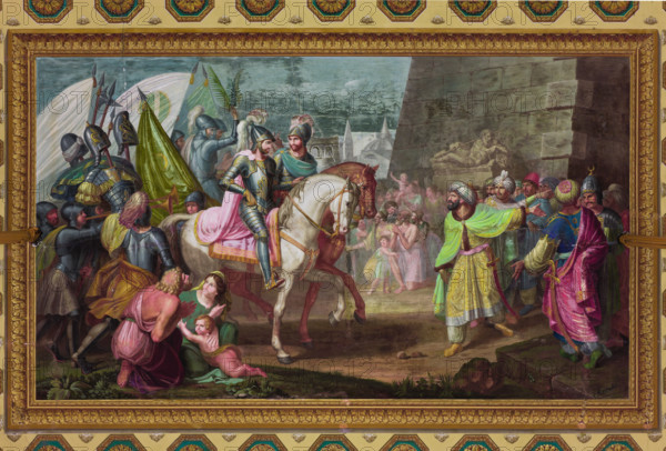 Palermo, Palazzo Reale o Palazzo dei Normanni, Appartamento Reale, Sala Gialla: "L'ingresso di Roberto I Guiscardo e del conte Ruggero a Palermo", pittura murale a secco di  Giovanni Patricolo, 1835 circa.
[ENG]
Palermo, The Royal Palace or Palazzo dei Normanni (Palace of the Normans), The Royal Apartment, The Yellow Room: " Roberto I Guiscardo and of Count Ruggero entering in Palermo", dry wall painting by Giovanni Patricolo, about 1835.
Palazzo Reale (Palazzo dei Norma, Palermo (PA), Sicilia - Sicily, Italia - Italy