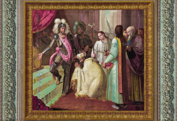 Palermo, Palazzo Reale o Palazzo dei Normanni, Appartamento Reale, Sala Gialla: "Il conte Ruggero restituisce il soglio vescovile a Nicodemo", pittura murale a secco di Vincenzo Riolo, 1835 circa.

[ENG]
Palermo, The Royal Palace or Palazzo dei Normanni (Palace of the Normans), The Royal Apartment, The Yellow Room: "Count Roger returns the bishop's throne to Nicodemus",  dry wall painting by Vincenzo Riolo, about 1835.
Palazzo Reale (Palazzo dei Norma, Palermo (PA), Sicilia - Sicily, Italia - Italy