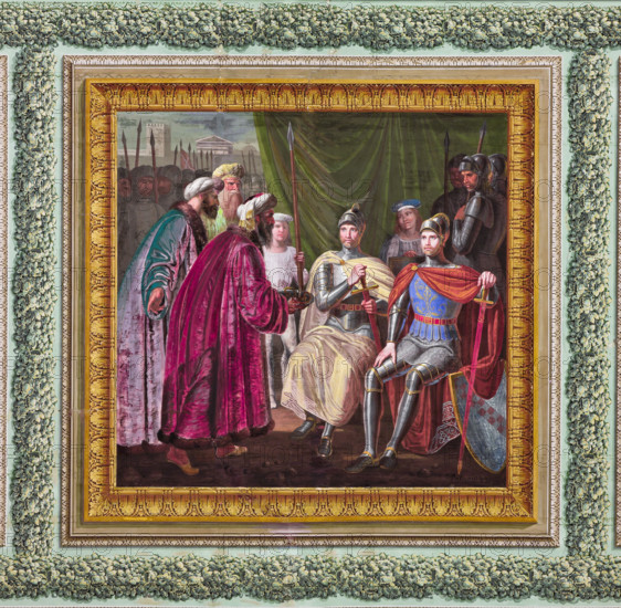 Palermo, Palazzo Reale o Palazzo dei Normanni, Appartamento Reale, Sala Gialla: "I Musulmani offrono doni ai fratelli Altavilla", pittura murale a secco, di Giuseppe Patania, 1835 circa.

[ENG]
Palermo, The Royal Palace or Palazzo dei Normanni (Palace of the Normans), The Royal Apartment, The Yellow Room: "Muslims offering presents to the Altavilla Brothers",  dry wall painting by Giuseppe Patania, about 1835.
Palazzo Reale (Palazzo dei Norma, Palermo (PA), Sicilia - Sicily, Italia - Italy