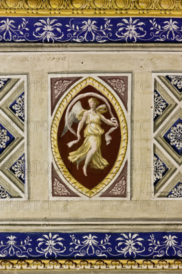 Palermo, Palazzo Reale o Palazzo dei Normanni, Appartamento Reale, Sala Rossa, la volta: particolare decorativo di spoletta con ninfa.

[ENG]
Palermo, The Royal Palace or Palazzo dei Normanni (Palace of the Normans), The Royal Apartment, The Red Room: detail of the decoration depicting a nymph.
Palazzo Reale (Palazzo dei Norma, Palermo (PA), Sicilia - Sicily, Italia - Italy