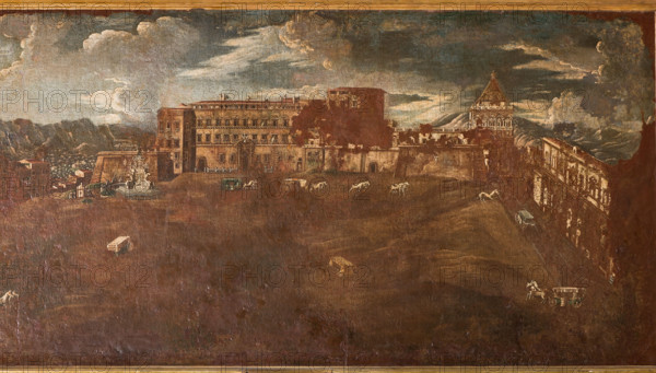 Palermo, Palazzo Reale o Palazzo dei Normanni, Appartamento Reale, Stanza del Monetiere (accanto al Gabinetto Cinese):   "Veduta di Palazzo Reale intorno al 1760", di anonimo siciliano del XVIII secolo.

[ENG]
Palermo, The Royal Palace or Palazzo dei Normanni (Palace of the Normans), The Royal Apartment, The Monetiere Room (next to the Chinese Room): "View of the Royal Palace about 1760", by Sicilian anonymous artist, XVIII century.
Palazzo Reale (Palazzo dei Norma, Palermo (PA), Sicilia - Sicily, Italia - Italy