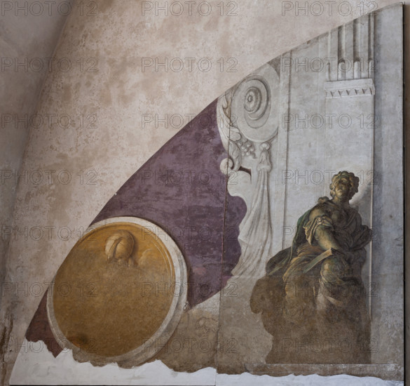 Palermo, Palazzo Reale o Palazzo dei Normanni, seminterrato (sotto il Cortile Maqueda), una delle sale Montalto, lunetta: particolare di affreschi con figura allegorica.

 [ENG]
Palermo, The Royal Palace or Palazzo dei Normanni (Palace of the Normans), basement (under the Cortile Maqueda), one of the Montalto halls, lunette: detail of frescoes with allegorical figure.
Palazzo Reale (Palazzo dei Norma, Palermo (PA), Sicilia - Sicily, Italia - Italy