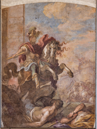 Palermo, Palazzo Reale o Palazzo dei Normanni, sala Montalto: l'affresco (trasferito su tela) effigiante Pietro Moncada, avo del duca di Montalto.

 [ENG]
Palermo, The Royal Palace or Palazzo dei Normanni (Palace of the Normans), the Montalto room: the fresco (transferred on canvas) depicting Pietro Moncada, ancestor of the Duke of Montalto.
Palazzo Reale (Palazzo dei Norma, Palermo (PA), Sicilia - Sicily, Italia - Italy