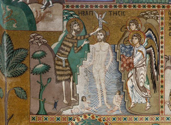 Palermo, Palazzo Reale o Palazzo dei Normanni,  Cappella Palatina (Basilica),navata centrale, ciclo di mosaici sulla vita di Gesù: "Il Battesimo di Cristo", XII secolo.

[ENG]
Palermo, The Royal Palace or Palazzo dei Normanni (Palace of the Normans), The Palatine Chapel (Basilica), the nave, cycle of mosaics on the life of Jesus: "The Baptism of Christ", XII century.
Palazzo Reale (Palazzo dei Norma, Palermo (PA), Sicilia - Sicily, Italia - Italy