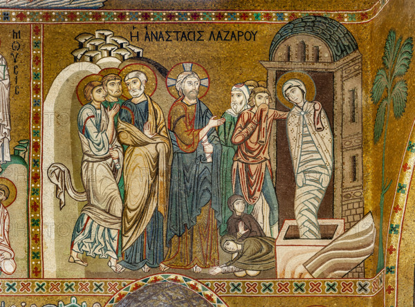 Palermo, Palazzo Reale o Palazzo dei Normanni,  Cappella Palatina (Basilica),navata centrale, ciclo di mosaici sulla vita di Gesù: la "La Resurrezione di Lazzaro", XII secolo.

[ENG]
Palermo, The Royal Palace or Palazzo dei Normanni (Palace of the Normans), The Palatine Chapel (Basilica), the nave, cycle of mosaics on the life of Jesus: the "The Resurrection of Lazarus", XII century.
Palazzo Reale (Palazzo dei Norma, Palermo (PA), Sicilia - Sicily, Italia - Italy