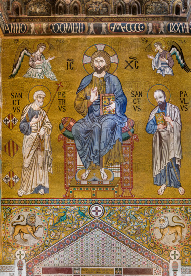 Palermo, Palazzo Reale o Palazzo dei Normanni,  Cappella Palatina (Basilica), controfacciata: mosaico "Maestà di Cristo in trono tra i santi Pietro e Paolo", XII secolo.

[ENG]
Palermo, The Royal Palace or Palazzo dei Normanni (Palace of the Normans), The Palatine Chapel (Basilica), counter-façade: mosaic "Majesty of Christ enthroned between Saints Peter and Paul",  XII century.
Palazzo Reale (Palazzo dei Norma, Palermo (PA), Sicilia - Sicily, Italia - Italy