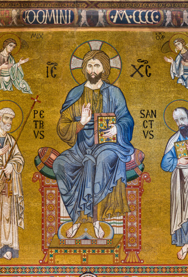 Palermo, Palazzo Reale o Palazzo dei Normanni,  Cappella Palatina (Basilica), controfacciata: mosaico "Maestà di Cristo in trono tra i santi Pietro e Paolo", XII secolo.

[ENG]
Palermo, The Royal Palace or Palazzo dei Normanni (Palace of the Normans), The Palatine Chapel (Basilica), counter-façade: mosaic "Majesty of Christ enthroned between Saints Peter and Paul",  XII century.
Palazzo Reale (Palazzo dei Norma, Palermo (PA), Sicilia - Sicily, Italia - Italy