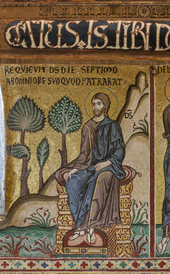 Palermo, Palazzo Reale o Palazzo dei Normanni,  Cappella Palatina (Basilica), ciclo di mosaici Vecchio Testamento, ciclo della Creazione: "Il riposo del Creatore al settimo giorno", XII secolo.

[ENG]
Palermo, The Royal Palace or Palazzo dei Normanni (Palace of the Normans), The Palatine Chapel (Basilica), cycle of mosaics on the Old Testament, cycle of the Creation: "The Creator's Rest on the Seventh Day", XII century.
Palazzo Reale (Palazzo dei Norma, Palermo (PA), Sicilia - Sicily, Italia - Italy