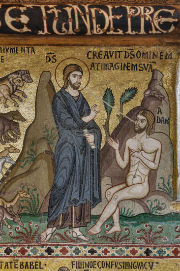 Palermo, Palazzo Reale o Palazzo dei Normanni,  Cappella Palatina (Basilica), ciclo di mosaici Vecchio Testamento, ciclo della Creazione: "Creazione di Adamo", XII secolo.

[ENG]
Palermo, The Royal Palace or Palazzo dei Normanni (Palace of the Normans), The Palatine Chapel (Basilica), cycle of mosaics on the Old Testament, cycle of the Creation: "The Creation of Adam", XII century.
Palazzo Reale (Palazzo dei Norma, Palermo (PA), Sicilia - Sicily, Italia - Italy